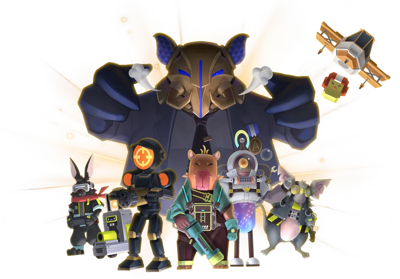 The SnapWorks crew and their armoured corporate boss, with golden backlighting